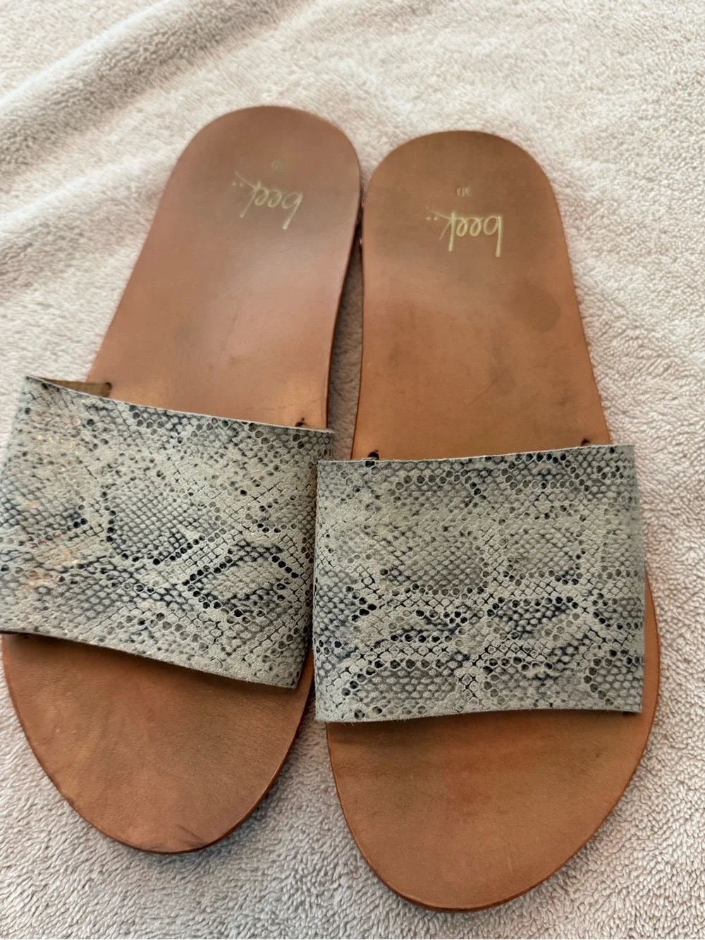 beek Mockingbird Snake-Print Slide Sandals in Tan & Gray